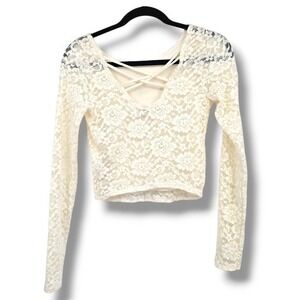 Abercrombie & Fitch Lace Long Sleeve Crop‎ Top Criss Cross Back Cream M